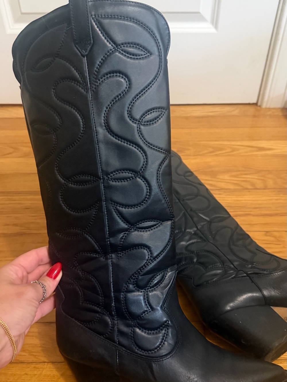 Women's Black Embroidered Mid-Calf Heeled Boot